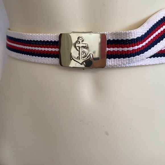 Vtg 80s red, white & navy blue canvas belt with gold anchor military type clasp - Picture 2 of 5